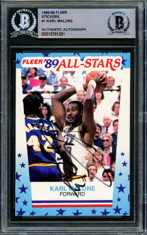 Men's basketball card custom special -Karl Malone Autographed 1989-90 Fleer Sticker Card #1 Utah Jazz Beckett BAS #15781091