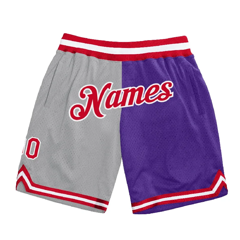 Men's basketball shorts breathable-team -Custom Gray Red-Purple Authentic Throwback Split Fashion Basketball Shorts