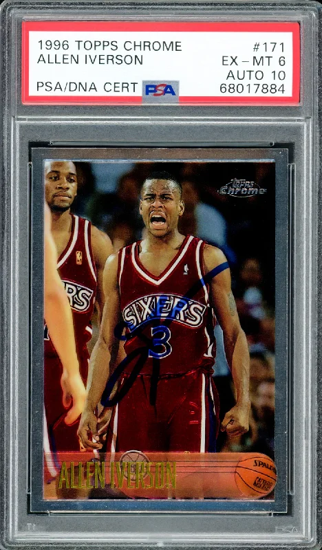 Men's basketball card hobby kit -Allen Iverson Autographed 1996-97 Topps Chrome Rookie Card #171 Philadelphia 76ers PSA 6 Auto Grade Gem Mint 10 PSA/DNA #68017884