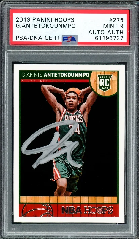 Men's basketball card team lineup -Giannis Antetokounmpo Autographed 2013 Panini Hoops Rookie Card #275 Milwaukee Bucks PSA 9 PSA/DNA #61196737