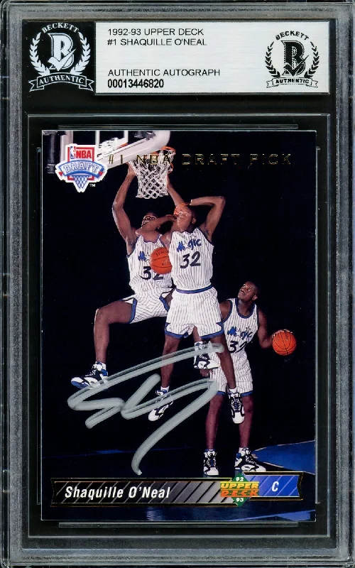 Men's basketball card glossy finish -Shaquille Shaq O'Neal Autographed 1992-93 Upper Deck Rookie Card #1 Orlando Magic Beckett BAS Stock #211237