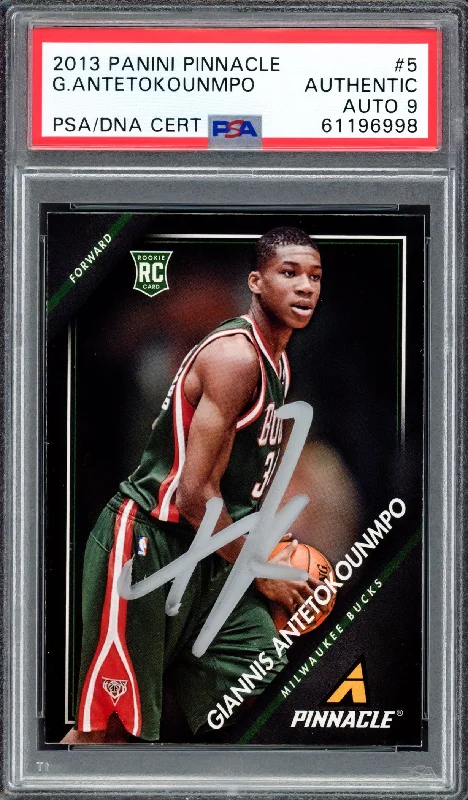 Men's basketball card trading set -Giannis Antetokounmpo Autographed 2013 Panini Pinnacle Rookie Card #5 Milwaukee Bucks Auto Grade Mint 9 PSA/DNA #61196998