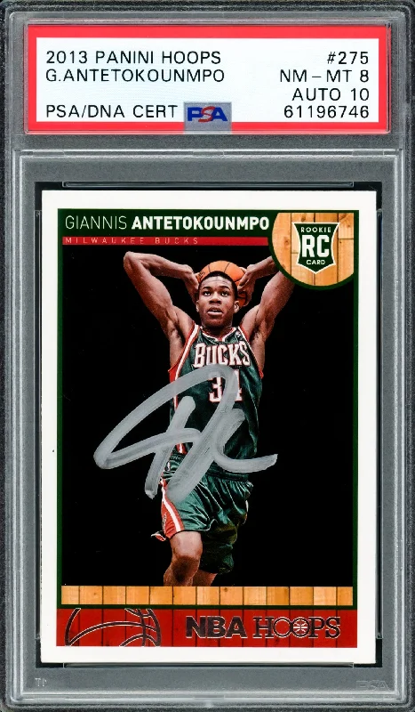 Men's basketball card holiday release -Giannis Antetokounmpo Autographed 2013 Panini Hoops Rookie Card #275 Milwaukee Bucks PSA 8 Auto Grade Gem Mint 10 PSA/DNA #61196746