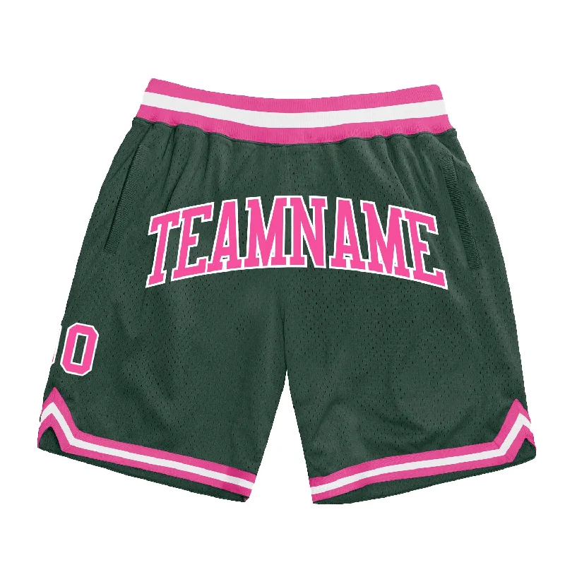 Men's basketball shorts sleek-bold -Custom Hunter Green Pink-White Authentic Throwback Basketball Shorts