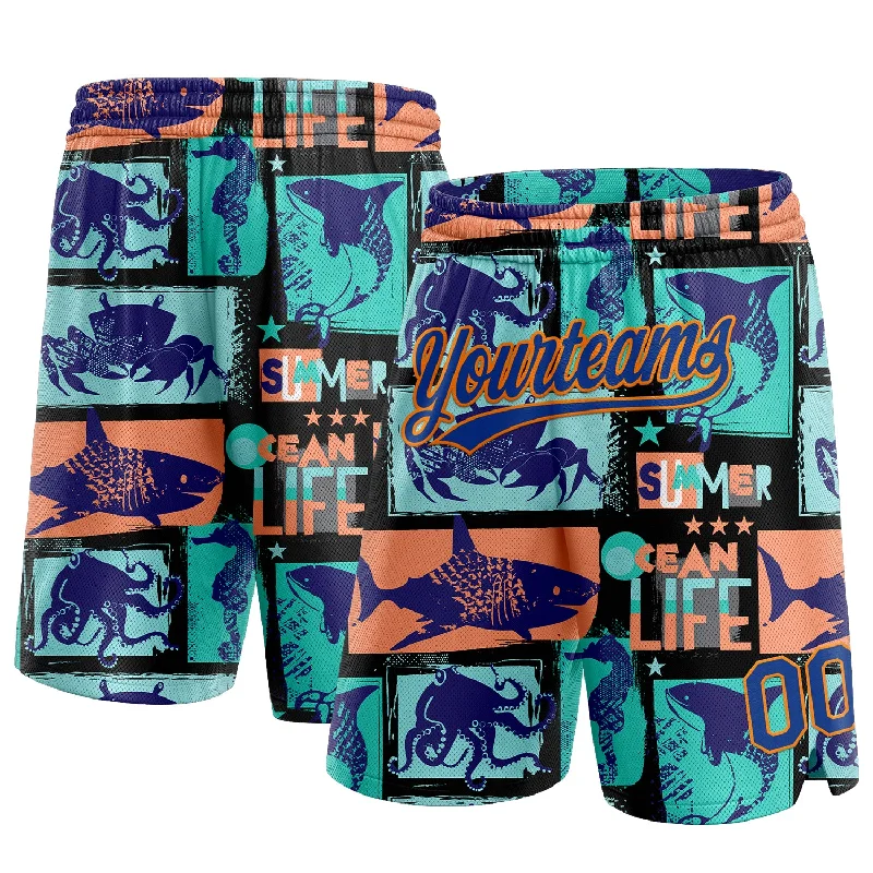 Men's basketball shorts sport-urban -Custom Black Royal-Bay Orange 3D Pattern Summer Ocean Life Authentic Basketball Shorts