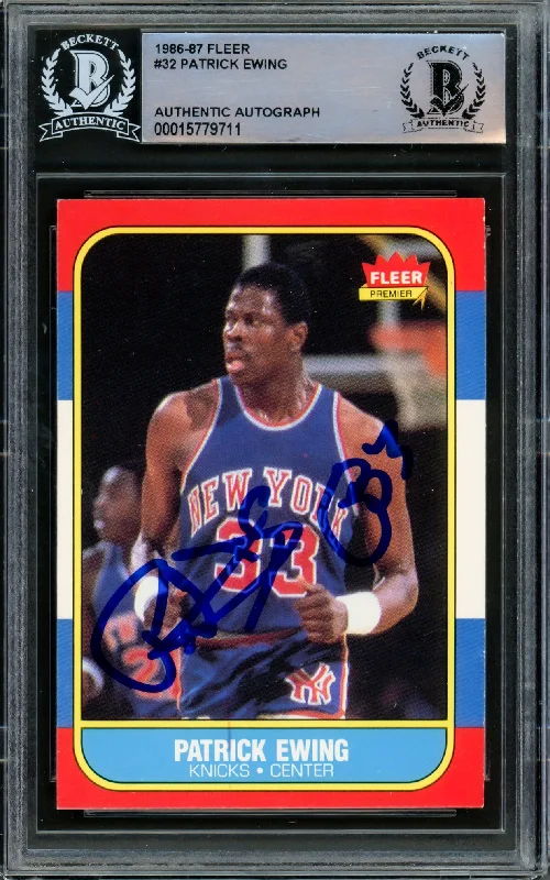 Men's basketball card design style -Patrick Ewing Autographed 1986-87 Fleer Rookie Card #32 New York Knicks Beckett BAS #15779711