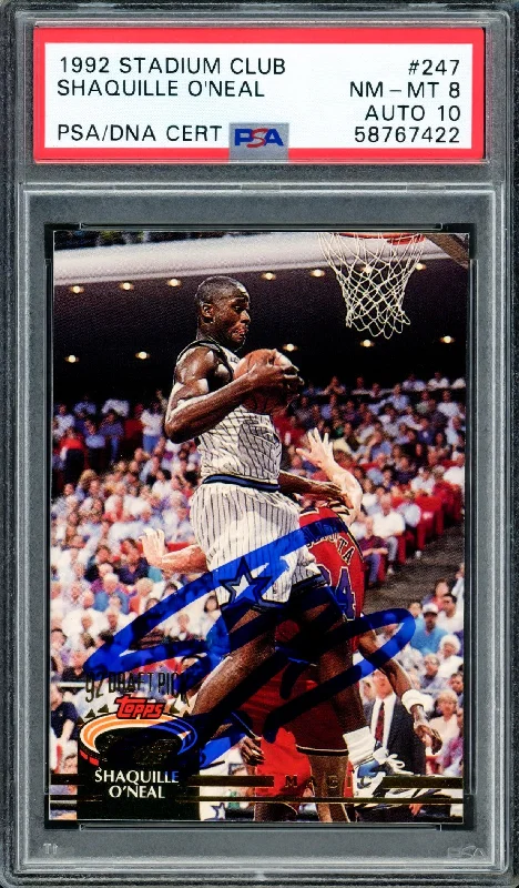 Men's basketball card bulk discount -Shaquille "Shaq" O'Neal Autographed 1992 Stadium Rookie Card #247 Orlando Magic PSA 8 Auto Grade Gem Mint 10 PSA/DNA Stock #207359