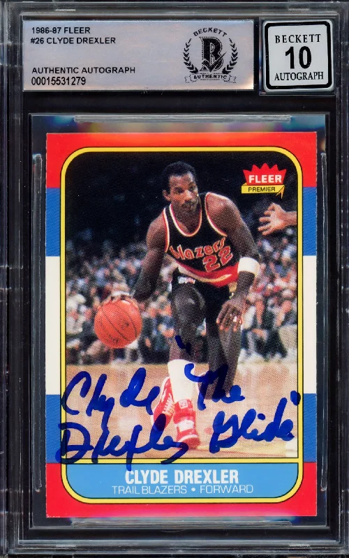 Men's basketball card pro treasury -Clyde Drexler Autographed 1986-87 Fleer Rookie Card #26 Portland Trail Blazers Auto Grade Gem Mint 10 "The Glide" Beckett BAS #15531279