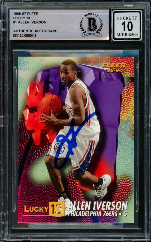 Men's basketball card game highlight -Allen Iverson Autographed 1996-97 Fleer Lucky 13 Rookie Card #1 Philadelphia 76ers Auto Grade Gem Mint 10 Beckett BAS #14866801