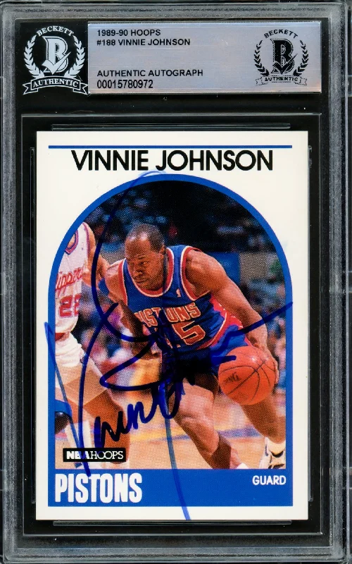 Men's basketball card brand name -Vinnie Johnson Autographed 1989-90 Hoops Card #188 Detroit Pistons Beckett BAS #15780972