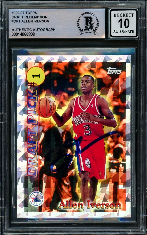 Men's basketball card high-impact card -Allen Iverson Autographed 1996-97 Topps Draft Pick Rookie Card #DP1 Philadelphia 76ers Auto Grade Gem Mint 10 Beckett BAS #14866808