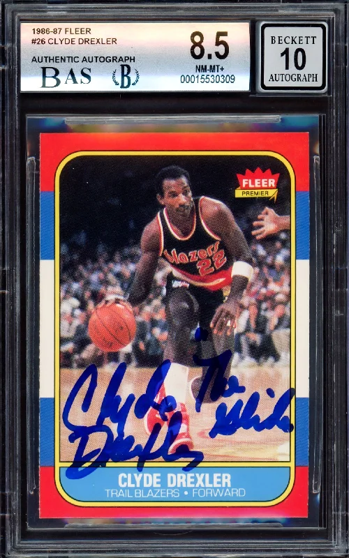 Men's basketball card affordable package -Clyde Drexler Autographed 1986-87 Fleer Rookie Card #26 Portland Trail Blazers BGS 8.5 Auto Grade Gem Mint 10 "The Glide" Beckett BAS #15530309