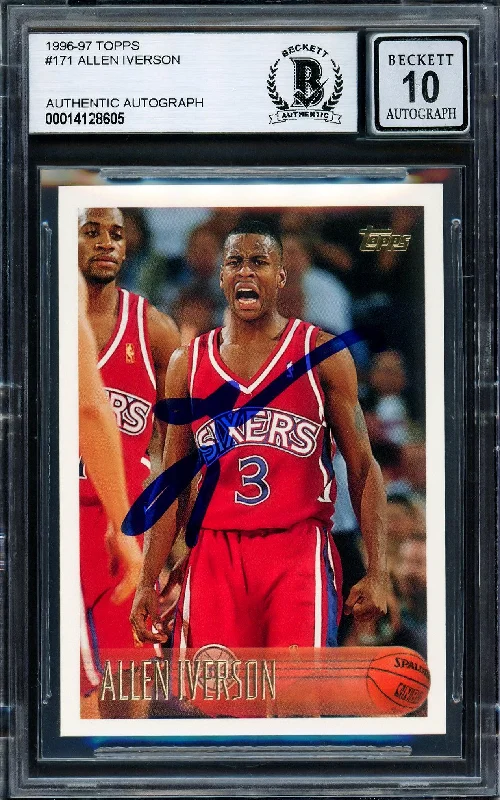 Men's basketball card quick delivery -Allen Iverson Autographed 1996-97 Topps Rookie Card #171 Philadelphia 76ers Auto Grade Gem Mint 10 Beckett BAS Stock #205786