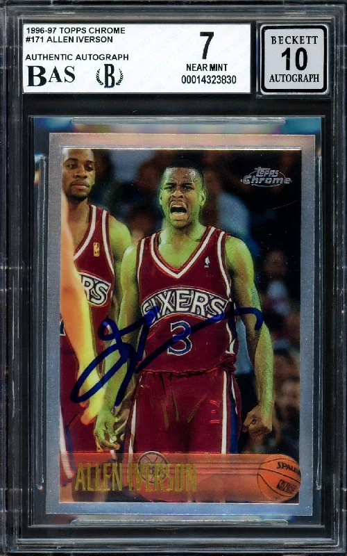 Men's basketball card custom kit -Allen Iverson Autographed 1996-97 Topps Chrome Rookie Card #171 Philadelphia 76ers BGS 7 Auto Grade Gem Mint 10 Beckett BAS #14323830