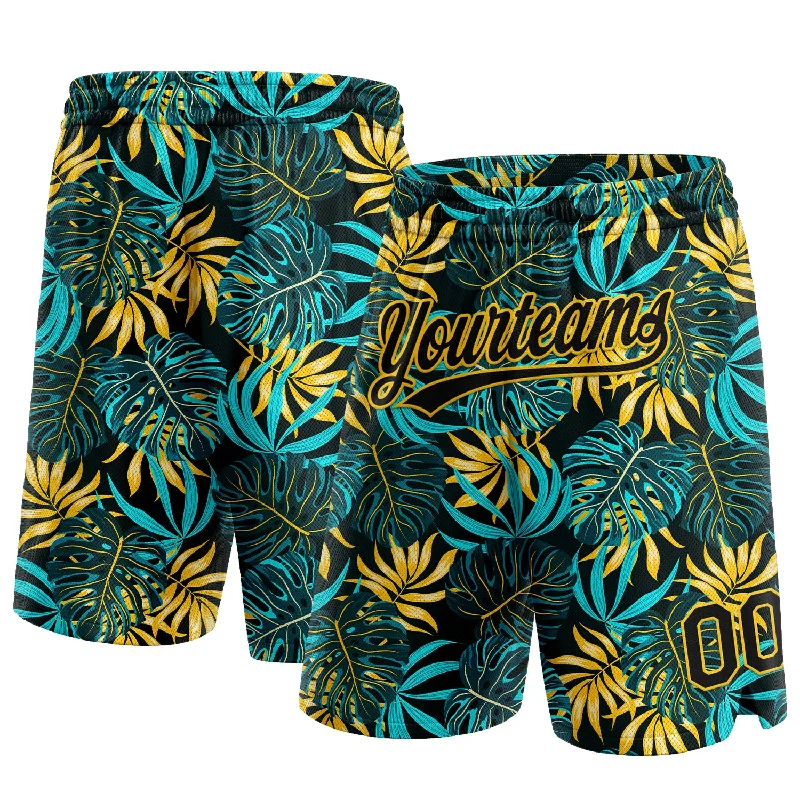 Men's basketball shorts elite-rugged -Custom Black Yellow 3D Pattern Tropical Plants Authentic Basketball Shorts