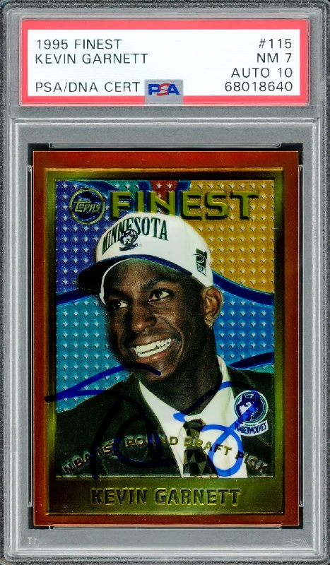 Men's basketball card fan favorite -Kevin Garnett Autographed 1995 Topps Finest Rookie Card #115 Minnesota Timberwolves PSA 7 Auto Grade Gem Mint 10 PSA/DNA #68018640