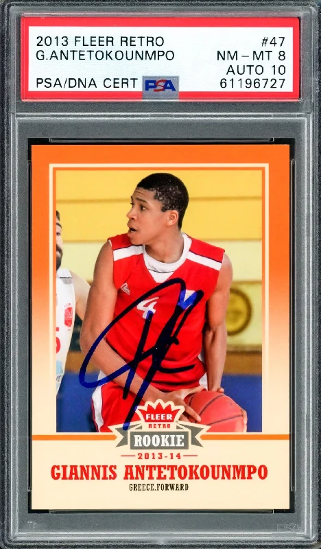 Men's basketball card limited print -Giannis Antetokounmpo Autographed 2013 Fleer Retro Rookie Card #47 Milwaukee Bucks PSA 8 Auto Grade Gem Mint 10 PSA/DNA #61196727