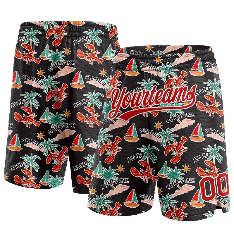 Men's basketball shorts pro-urban -Custom Black Red-White 3D Pattern Sun Beach Hawaii Palm Trees And Lobster Authentic Basketball Shorts