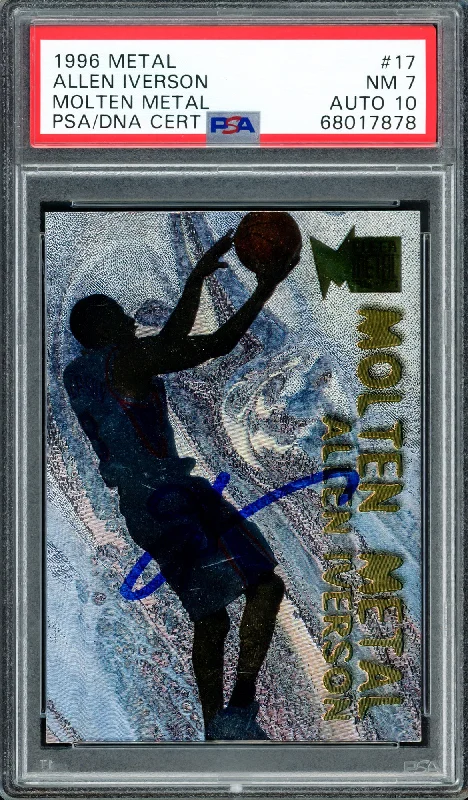 Men's basketball card retro design -Allen Iverson Autographed 1996-97 Fleer Metal Molten Metal Rookie Card #17 Philadelphia 76ers PSA 7 Auto Grade Gem Mint 10 PSA/DNA #68017878