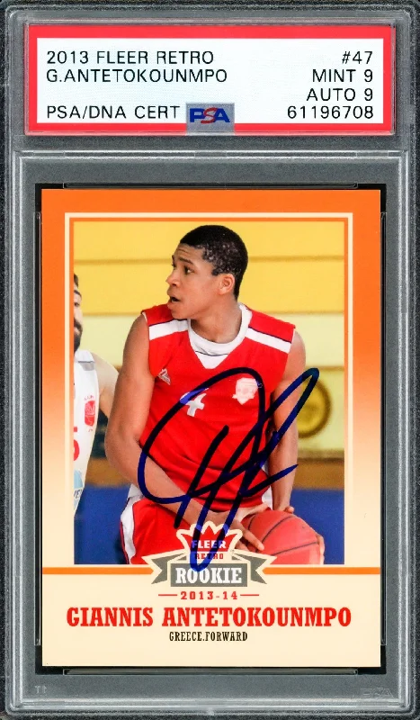 Men's basketball card rare find -Giannis Antetokounmpo Autographed 2013 Fleer Retro Rookie Card #47 Milwaukee Bucks PSA 9 Auto Grade Mint 9 PSA/DNA #61196708