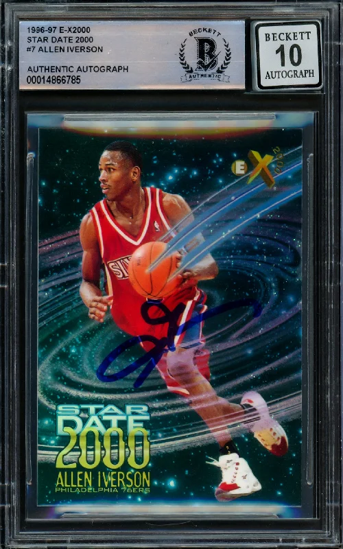 Men's basketball card trendy card -Allen Iverson Autographed 1996-97 E-X2000 Star Date Rookie Card #7 Philadelphia 76ers Auto Grade Gem Mint 10 Beckett BAS #14866785