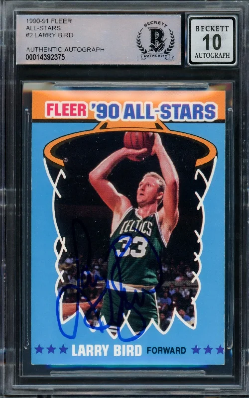 Men's basketball card team emblem -Larry Bird Autographed 1990-91 Fleer Sticker Card #2 Boston Celtics Auto Grade Gem Mint 10 Beckett BAS #14392375