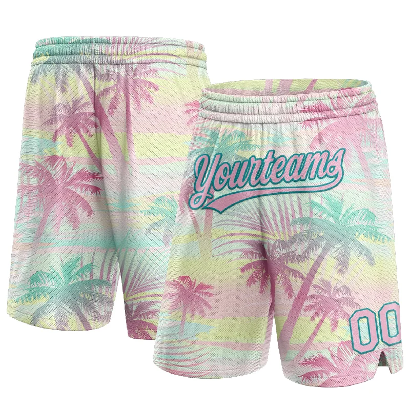 Men's basketball shorts team-style -Custom Pink Light Pink-Teal 3D Pattern Hawaii Palm Trees Authentic Basketball Shorts