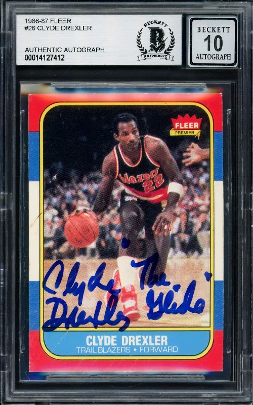 Men's basketball card unique deck -Clyde Drexler Autographed 1986-87 Fleer Rookie Card #26 Portland Trail Blazers Auto Grade Gem Mint 10 "The Glide" (Marks) Beckett BAS #14127412