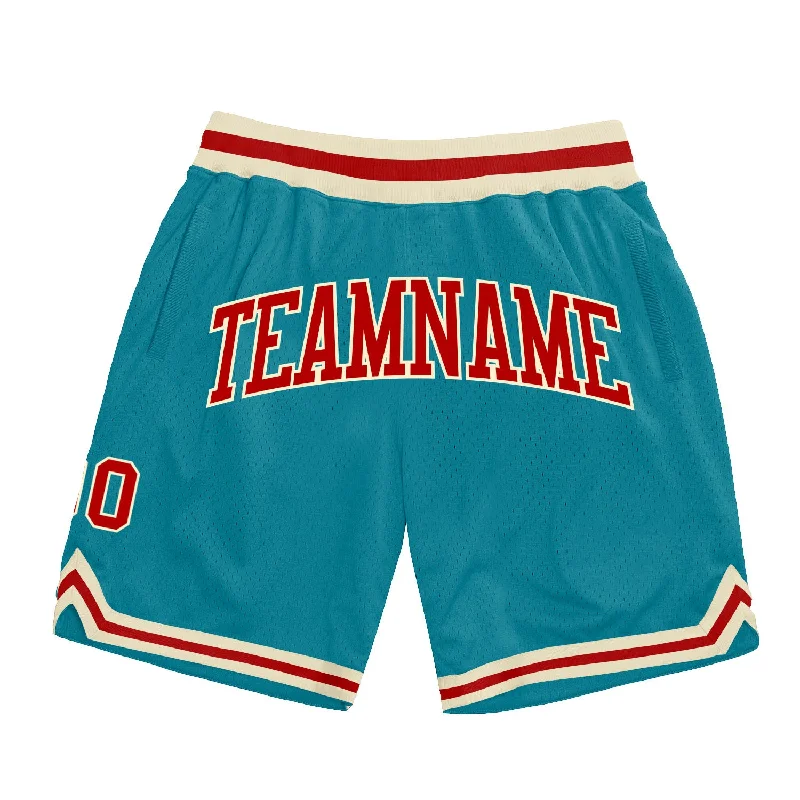 Men's basketball shorts pro-performance -Custom Teal Red-Cream Authentic Throwback Basketball Shorts