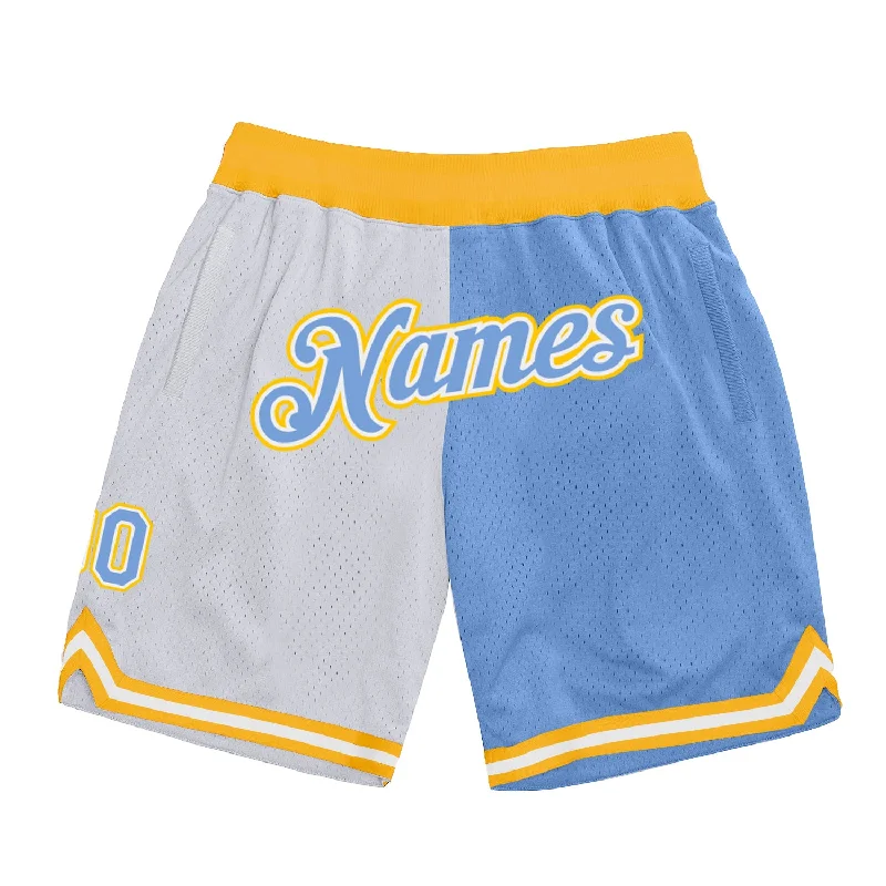 Men's basketball shorts performance-team -Custom White Light Blue-Gold Authentic Throwback Split Fashion Basketball Shorts