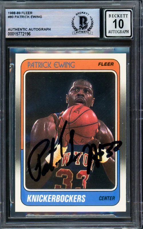 Men's basketball card game highlight -Patrick Ewing Autographed 1988-89 Fleer Card #80 New York Knicks Auto Grade Gem Mint 10 Beckett BAS #15772196