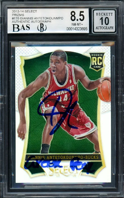 Men's basketball card squad roster -Giannis Antetokounmpo Autographed 2013-14 Panini Select Prizms Rookie Card #178 Milwaukee Bucks BGS 8.5 Auto Grade Gem Mint 10 "Greek Freak" Beckett BAS #14323695