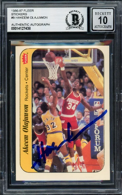 Men's basketball card special edition -Hakeem Olajuwon Autographed 1986-87 Fleer Stickers Rookie Card #9 Houston Rockets Auto Grade Gem Mint 10 Beckett BAS #14127438