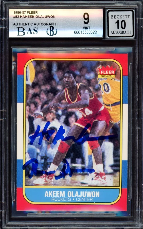 Men's basketball card trendy deal -Hakeem Olajuwon Autographed 1986-87 Fleer Rookie Card #82 Houston Rockets BGS 9 Auto Grade Gem Mint 10 "The Dream" Beckett BAS #15530328