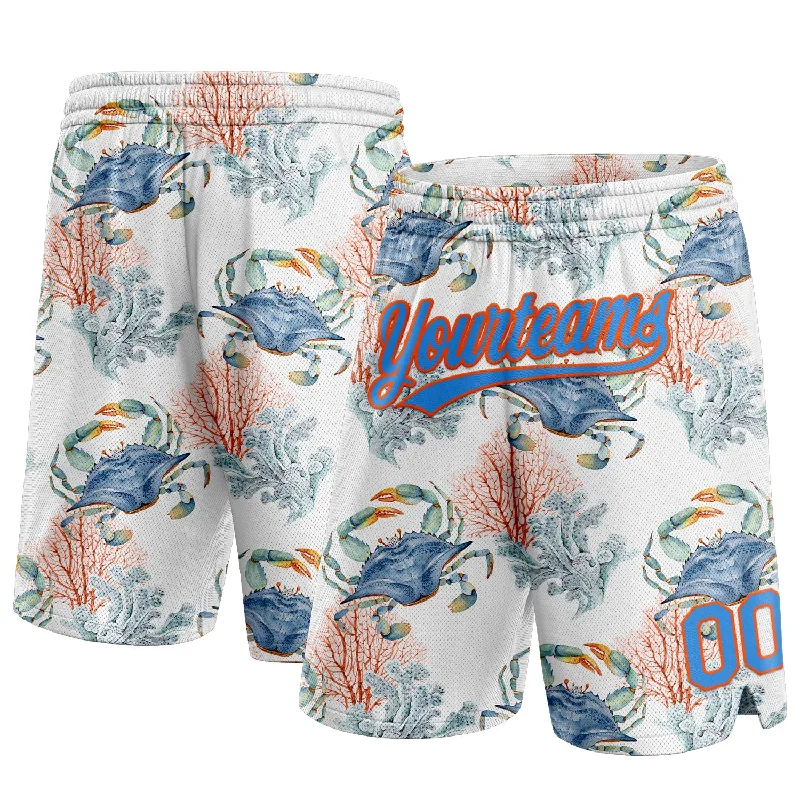 Men's basketball shorts performance-rugged -Custom White Powder Blue-Orange 3D Pattern Coral And Crab Authentic Basketball Shorts