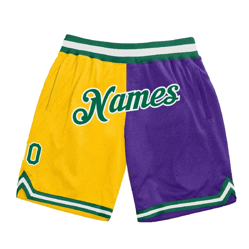 Men's basketball shorts stretch-team -Custom Gold Kelly Green-Purple Authentic Throwback Split Fashion Basketball Shorts