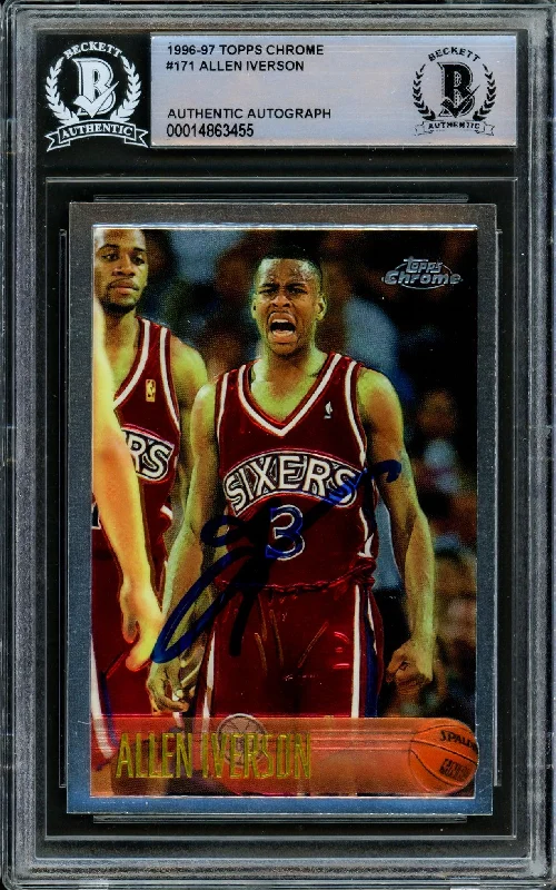 Men's basketball card player series -Allen Iverson Autographed 1996-97 Topps Chrome Rookie Card #171 Philadelphia 76ers Beckett BAS #14863455