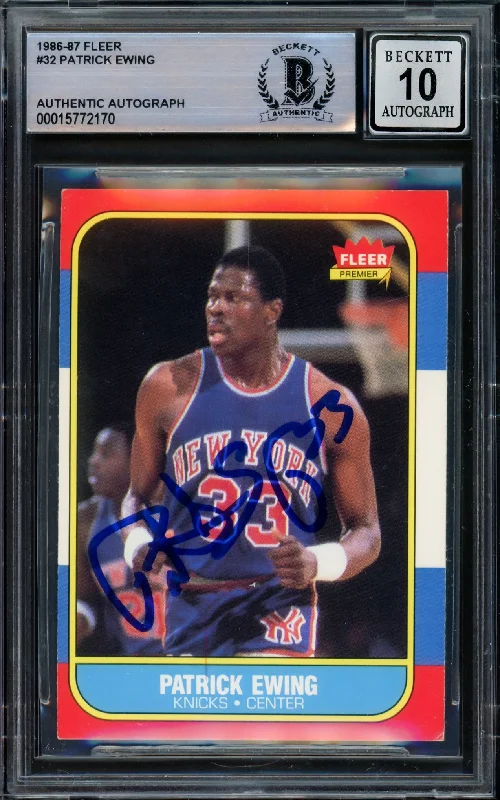 Men's basketball card pro card -Patrick Ewing Autographed 1986-87 Fleer Rookie Card #32 New York Knicks Auto Grade Gem Mint 10 Beckett BAS #15772170