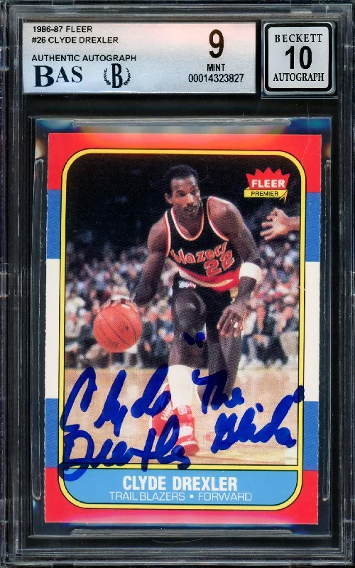 Men's basketball card lightweight kit -Clyde Drexler Autographed 1986-87 Fleer Rookie Card #26 Portland Trail Blazers BGS 9 Auto Grade Gem Mint 10 Beckett BAS #14323827