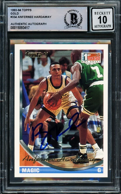 Men's basketball card fast shipping -Anfernee Hardaway Autographed 1993-94 Topps Gold Rookie Card #334 Orlando Magic Auto Grade Gem Mint 10 Beckett BAS #15093417