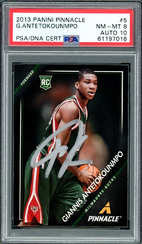 Men's basketball card budget sale -Giannis Antetokounmpo Autographed 2013 Panini Pinnacle Rookie Card #5 Milwaukee Bucks PSA 8 Auto Grade Gem Mint 10 PSA/DNA #61197016