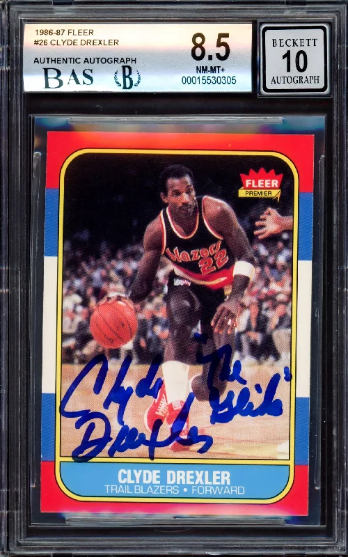 Men's basketball card performance package -Clyde Drexler Autographed 1986-87 Fleer Rookie Card #26 Portland Trail Blazers BGS 8.5 Auto Grade Gem Mint 10 "The Glide" Beckett BAS #15530305