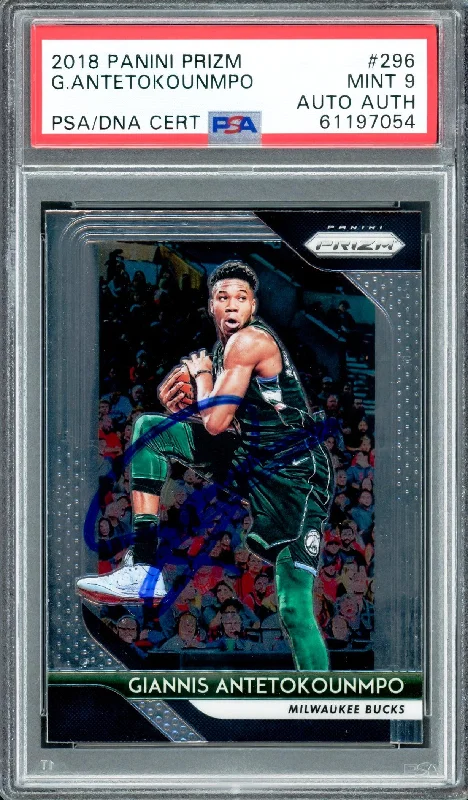 Men's basketball card lightweight treasury -Giannis Antetokounmpo Autographed 2018 Panini Prizm Card #296 Milwaukee Bucks PSA 9 PSA/DNA Stock #208484