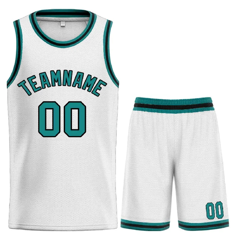 Men's basketball uniform short sleeve -Custom White Teal-Black Classic Sets Curved Basketball Jersey