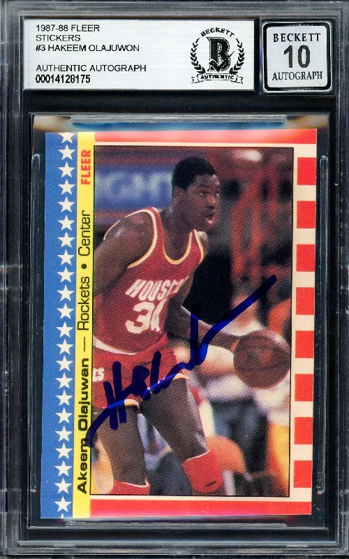 Men's basketball card custom decks -Hakeem Olajuwon Autographed 1987-88 Fleer Stickers Card #3 Houston Rockets Auto Grade Gem Mint 10 Beckett BAS Stock #205733