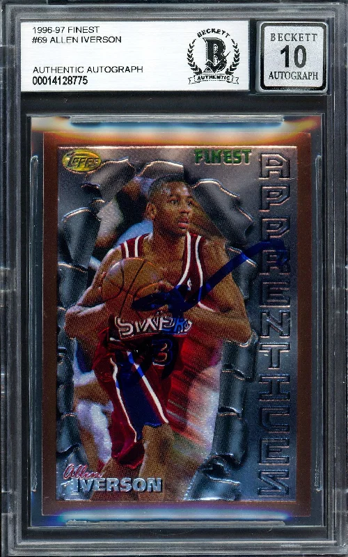 Men's basketball card team lineup -Allen Iverson Autographed 1996-97 Topps Finest Rookie Card #69 Philadelphia 76ers Auto Grade Gem Mint 10 Beckett BAS Stock #205790