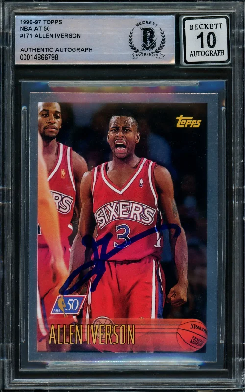 Men's basketball card deluxe edition -Allen Iverson Autographed 1996-97 Topps NBA at 50 Rookie Card #171 Philadelphia 76ers Auto Grade Gem Mint 10 Beckett BAS #14866798