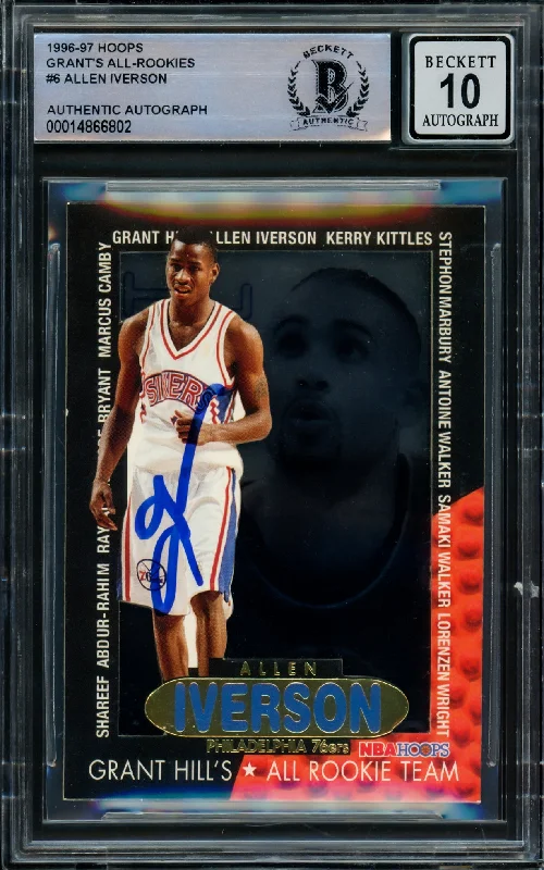 Men's basketball card personalized card -Allen Iverson Autographed 1996-97 Hoops Grant Hill's All Rookie Team Rookie Card #6 Philadelphia 76ers Auto Grade Gem Mint 10 Beckett BAS #14866802