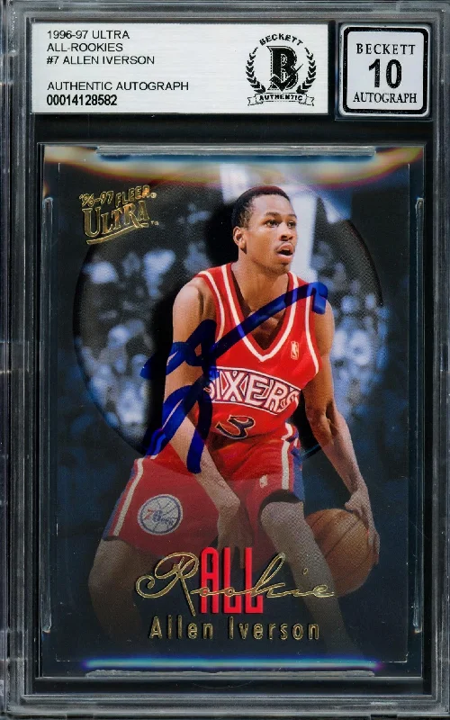 Men's basketball card pro-level rarity -Allen Iverson Autographed 1996-97 Fleer Ultra All Rookie  Card #7 Philadelphia 76ers Auto Grade Gem Mint 10 Beckett BAS #14128582