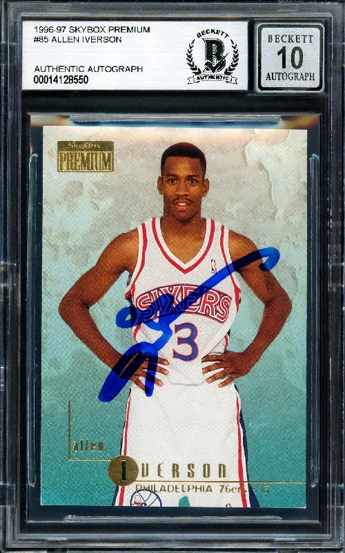 Men's basketball card stylish prints -Allen Iverson Autographed 1996-97 Skybox Premium Rookie Card #85 Philadelphia 76ers Auto Grade Gem Mint 10 Beckett BAS Stock #205772